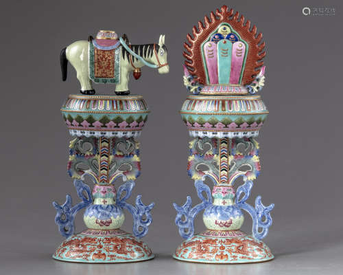 A pair of Chinese famille rose Buddhist altar ornaments