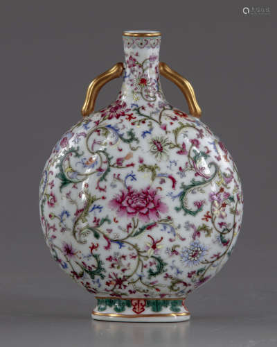 A small Chinese famille rose ‘scrolling lotus’ moon flask