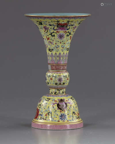 A Chinese yellow-ground famille rose vase, gu