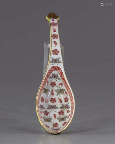 A Chinese yellow-ground famille rose birthday spoon