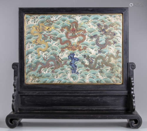 A Chinese cloisonné enamel 'five dragons' wood-inset table screen