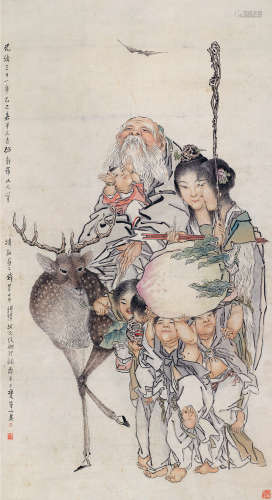 钱慧安 乙巳（1905）年作 1833～1911 献寿图 立轴 设色纸本