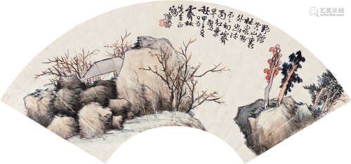 陈半丁 甲子（1924）年作 1877～1970 秋林雨霁 扇面 设色纸本
