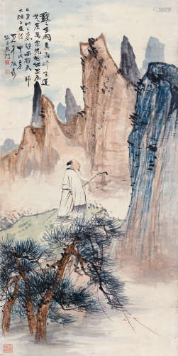 张大千 甲戌（1934）年作 1899～1983 策杖高士 镜片 设色纸本