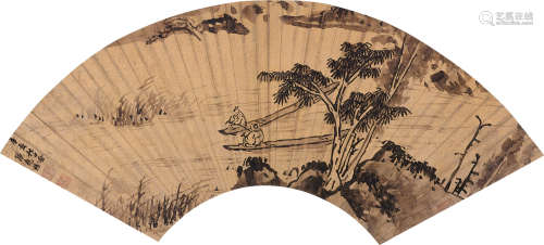 张尧恩 辛亥（1611）年作 明万历年间 清溪双棹 扇面 水墨金笺
