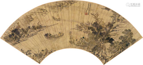 崔子忠 约1574～1644 渔船行乐图 扇面 设色金笺