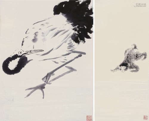 唐云 1910～1993 灵猴 鹤寿 （两幅） 镜片 水墨纸本