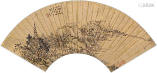 张宏 乙亥（1635）年作 1577～1652 秋山郊游 扇片 设色金