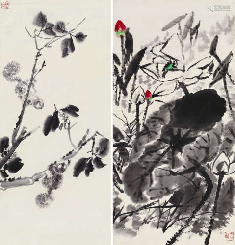 唐云 1910～1993 松鼠 荷花 （两幅） 镜片 设色纸本
