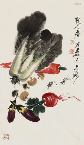 唐云 1910～1993 蔬果草虫 镜片 设色纸本