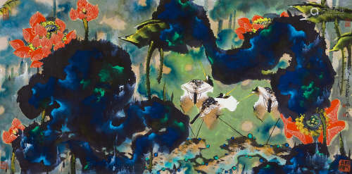 韩天衡 戊子（2008）年作 b.1940 荷园春色 镜片 设色纸本
