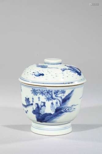 Pot couvert sur piédouche en porcelaine blanche décoré en bleu cobalt sous [...]