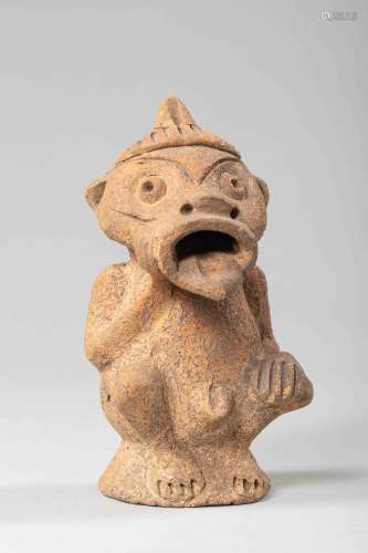 Figuration anthropo-zoomorphe simiesque assise. Terre cuite. Colombie. Culture [...]
