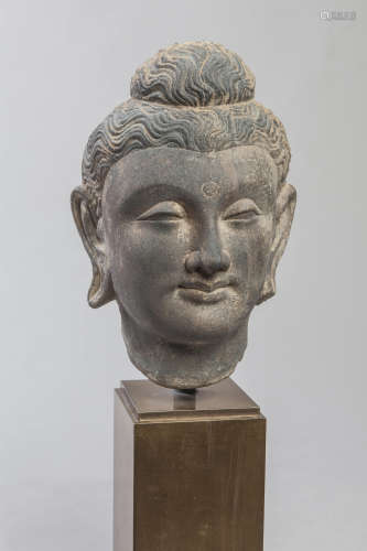 Tête de Boddhisattva à la chevelure bouclée organisée en longues boucles retenues [...]