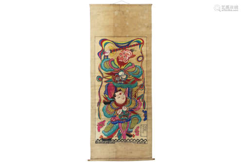 Chinese scroll met schildering met twee krijgers (een jonge en een gemaskerde man) - [...]
