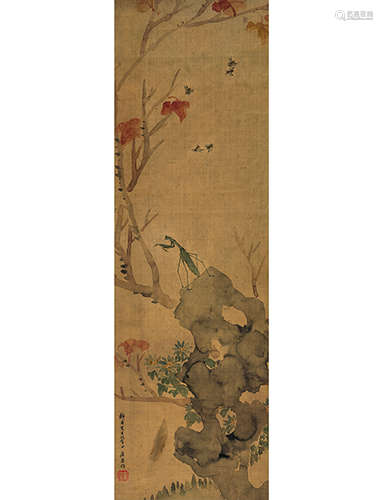 居廉 1828～1904 花卉草虫  立轴  设色绢本