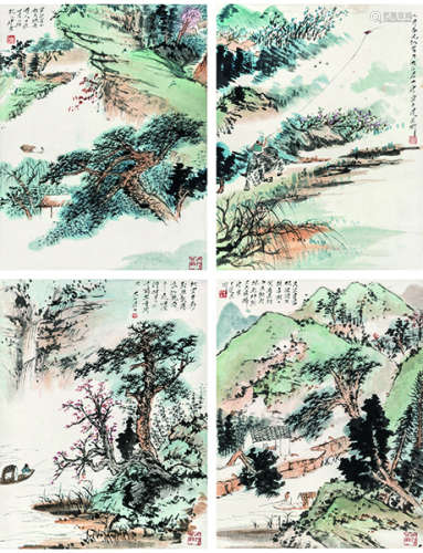 唐云 1910～1993 山水 （四幅 ) 立轴  设色纸本
