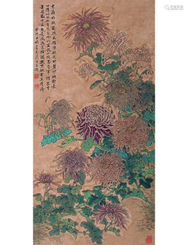 李天行 1904～1983 菊花  镜片  设色纸本
