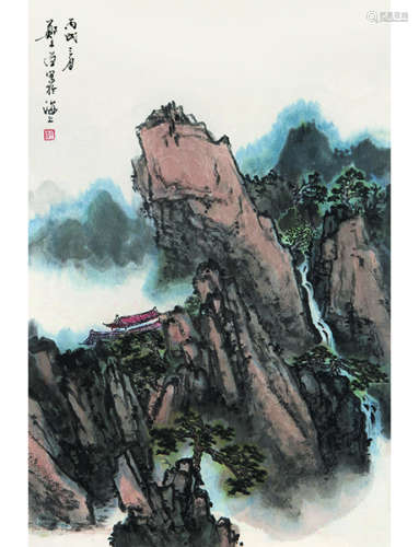 郑午昌 1894～1952 山寺图  镜片连框  设色纸本