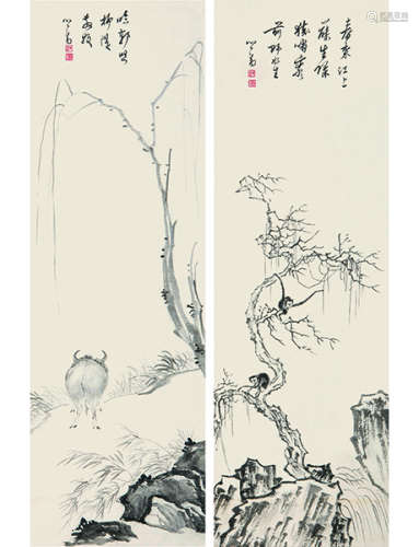 溥心畬 1896～1963 猿 牛 （二幅） 对屏 立轴  水墨纸本