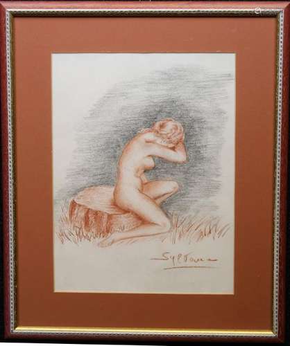 European School Pastel Signed Nude Sketch, 20th C