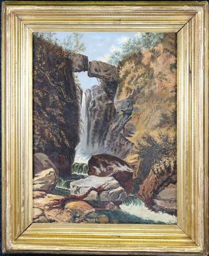 American School, Early 20th C. Waterfall Scene