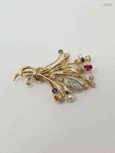 14K Gold, Sapphire, Ruby & Diamond Floral Pin