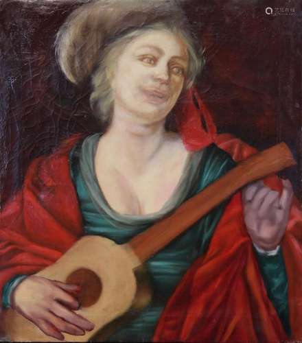 Early 20th C. Painting of Woman with Guitar