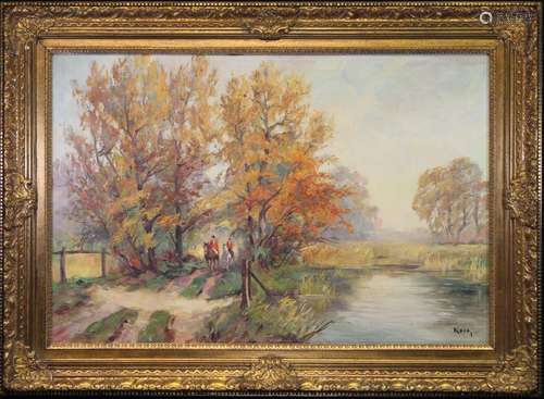 Kerr, Signed Landscape w/ Foxhunters