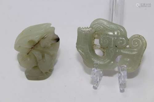 Chinese, (2) Carved Pale Jade Floral Sculptures