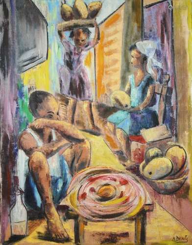 N Denis, Signed Painting of Figures Preparing Food