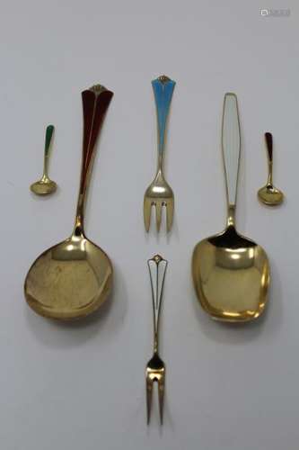 (6) Assorted Sterling Enameled Utensils