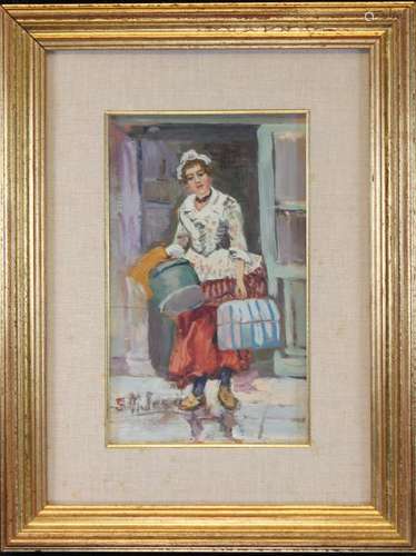 Signed, Impressionist Painting of Woman in Street