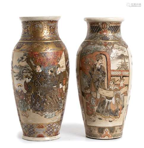 A PAIR OF SATSUMA CERAMIC BALUSTER VASES   Japan, Meiji