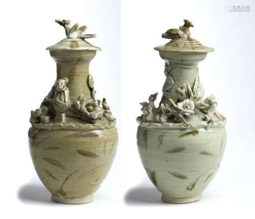A PAIR OF QINGBAI-GLAZED URNS AND COVER WITH APPLIED