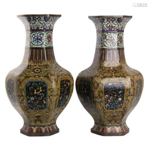 A PAIR OF CLOISONNÃ DECORATED METAL BALUSTER VASES