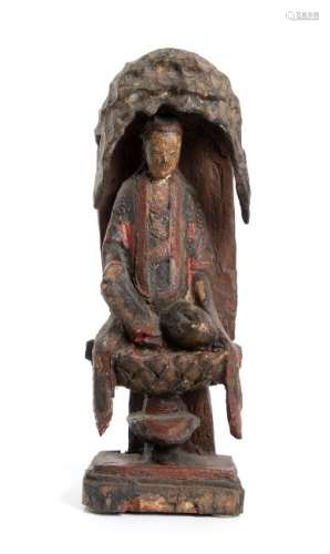 A PAINTED WOOD GUANYIN IN THE GROTTO China, Qing