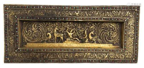 A HARDSTONES-INLAID GILT METAL AND WOOD BOOK COVER