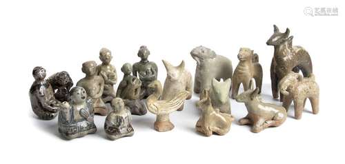 FIFTEEN GLAZED CERAMIC ZOOMORPHIC AND ANTHROPOMORPHIC