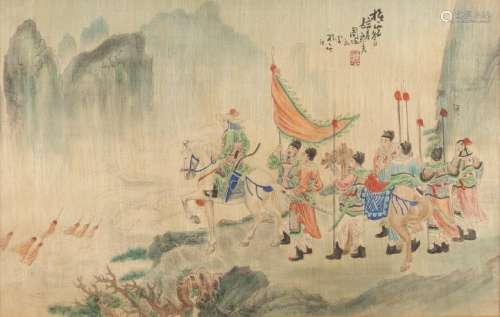 AN INK AND COLOURS ON SILK PAINTING OF A GROUP OF