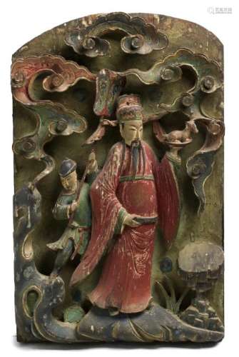 A PAIR OF CARVED AND PAINTED PANELS WITH FIGURES China,
