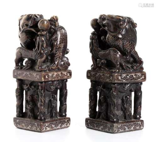 A PAIR OF CARVED HARDSTONE SEALS China, 20th century