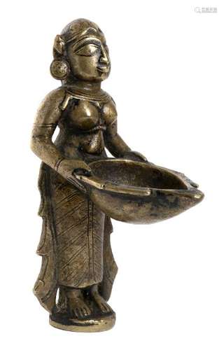 A BRONZE FEMALE FIGURE HOLDING A BASIN India, 18th-19th