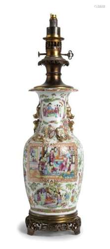 A 'CANTON' PORCELAIN BALUSTER VASE MOUNTED AS A LAMP