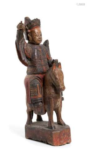 A PAINTED WOOD DEITY ON HORSEBACK China, Qing dynasty