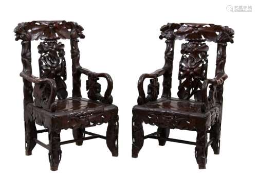 A PAIR OF CARVED HARDWOOD ARMCHAIRS China, 20th century