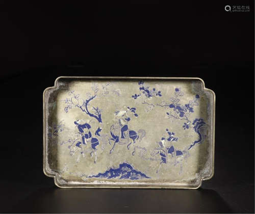 CHINESE ENAMEL SILVER HORSEMEN SQUARE TRAY REPUBLIC PERIOD