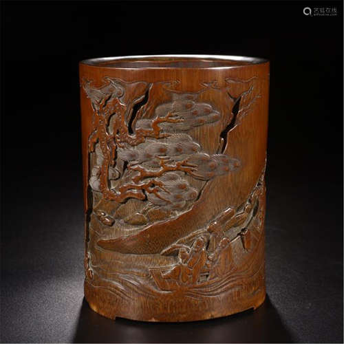 CHINESE BAMBOO CARVED MOUNTAIN VIEWS BRUSH POT