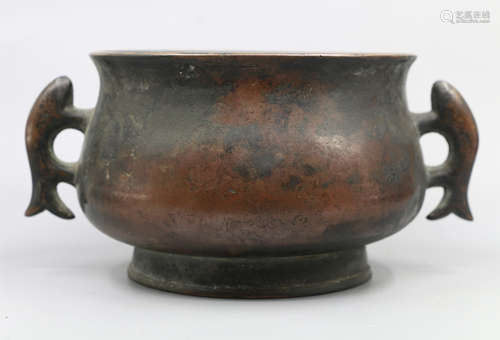 CHINESE BRONZE FISH HANDLE ROUND CENSER