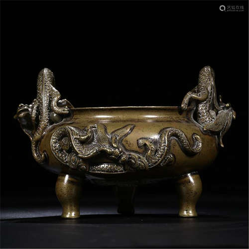 CHINESE BRONZE DRAGON TRIPLE FEET CENSER